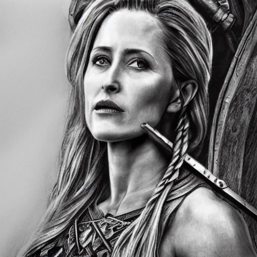 Prompt: hyper realistic pencil drawing of Gillian Anderson as a viking princess, intricate detail, beautiful, battle armor, war, fight, light, dragon, colorful