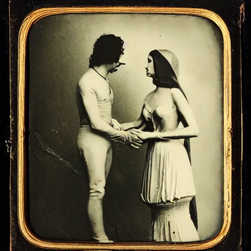 Prompt: A daguerreotype photograph of an alien shaking hands with Cleopatra.