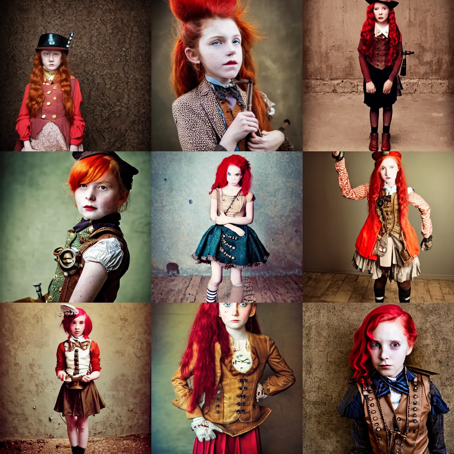 Prompt: photo of a ten year old girl in steampunk fashion taken by wes anderson, steampunk, red hair, freckles