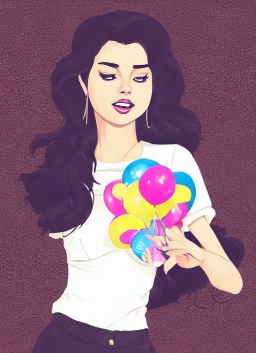 Image similar to woman resembling selena gomez at a birthday party wrapping mickey ears. balloons. clean cel shaded vector art. shutterstock. behance hd by lois van baarle, artgerm, helen huang, by makoto shinkai and ilya kuvshinov, rossdraws, illustration,