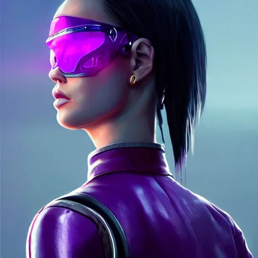 Prompt: Full body portrait of Japanese female, Cyberpunk 2077, cyborg neck, cybernetic neck implant, Wearing futuristic short violet leather jacket, intricate, elegant, highly detailed, digital painting, artstation, concept art, smooth, sharp focus, illustration, art by artgerm and greg rutkowski