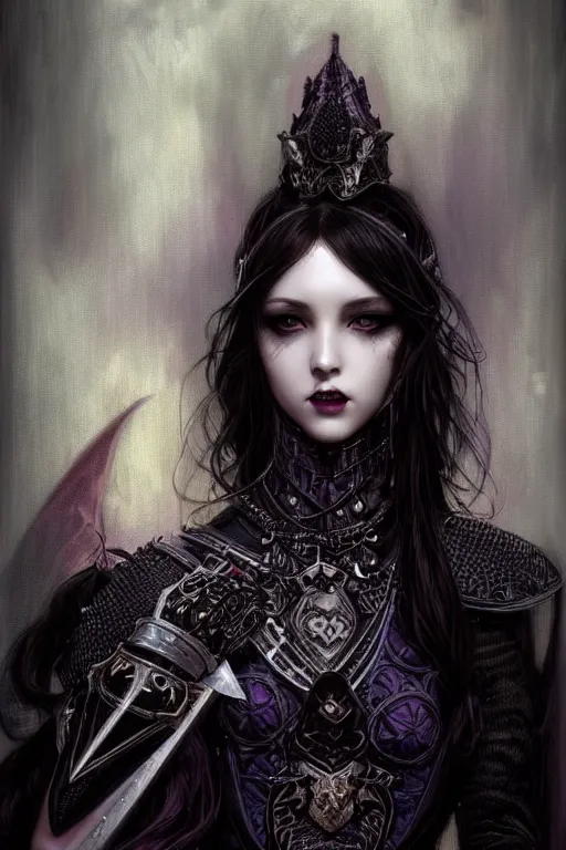 Image similar to beautiful luxury and gothic and victorian and evil young female medieval black armor knight portrait like lisa blackpink+smoky eyes+front face with light flowing hair, ultradetail face, art and illustration by tian zi and craig mullins and WLOP and alphonse mucha, ssci-fi, fantasy, intricate complexity, human structure, hypermaximalist, fantasy character concept, dynamic lighting, neon light, watermark, blurry, hyperrealism 8k