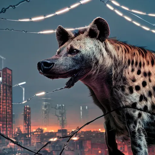 Prompt: cyborg hyena, beksinki style, many wires and exposed metal shown, huge cyberpunk city in background