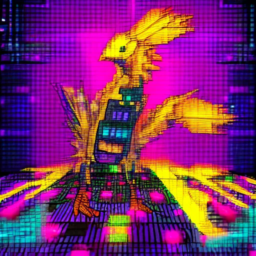 Image similar to “cyberpunk retrowave Chocobo tripping on LSD”