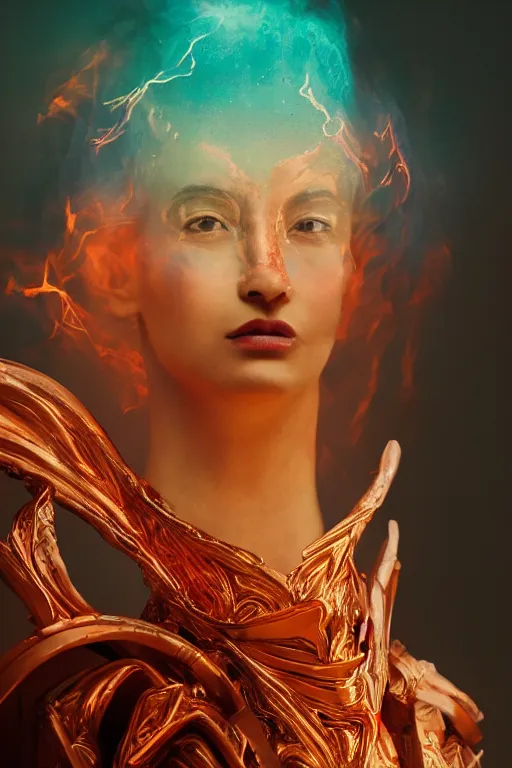 Image similar to an attractive powerful young slim 30yo female goddess of fire wearing a divine costume with a magnificent hood, feminine divine, award winning contemporary art close up headshot matte painting by Alessio Albi, Ross Tran, and WLOP, her outfit is intricate and was designed by Frank Stella and Masaaki Yuasa, portrait, trending on artstation, volumetric gel light