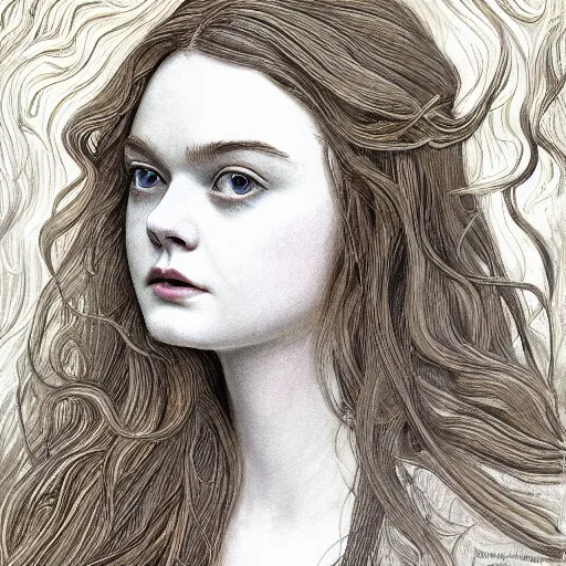 Image similar to professional painting of Elle Fanning in the style of Rebecca Guay, head and shoulders portrait, symmetrical facial features, smooth, sharp focus, illustration, intricate, stormy weather, extremely detailed masterpiece,