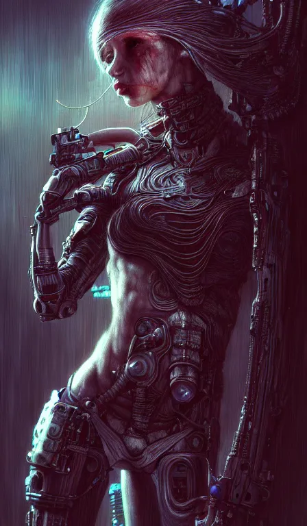 Image similar to a highly detailed long shot photo of cyberpunk female character by ayami kojima, elf, beksinski, giger, elf, rifle, intricate, digital painting, artstation, concept art, smooth, sharp focus, full body shot