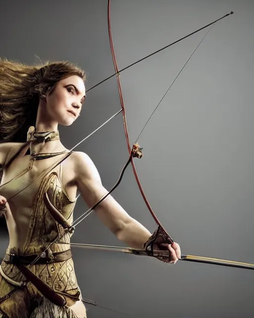 Image similar to photo of world, full body, women with a bow and arrow, female archer, warrior, realistic face