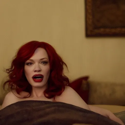 Image similar to amazing beautiful Christina Hendricks with mouth wide open in the living room, film still from the movie directed by Denis Villeneuve , wide lens