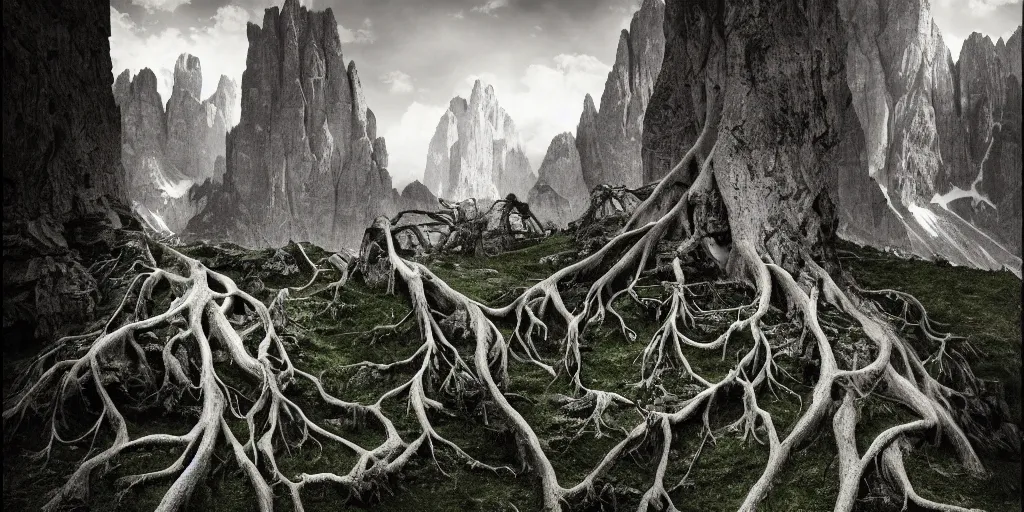 Prompt: photography of dolomites overgrown by roots, dolomites, alpine, detailed intricate insanely detailed octane render, 8k artistic 1920s photography, photorealistic, chiaroscuro, hd, by David Cronenberg, Raphael, Caravaggio