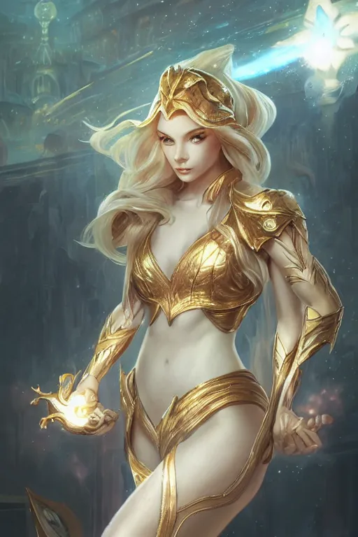 Image similar to portrait of lux from league of legends, wielding light magic, photorealistic fantasy castle city, full body, powerful, fantasy, intricate, elegant, highly detailed, digital painting, artstation, concept art, sharp focus, illustration, art by artgerm and greg rutkowski and alphonse mucha