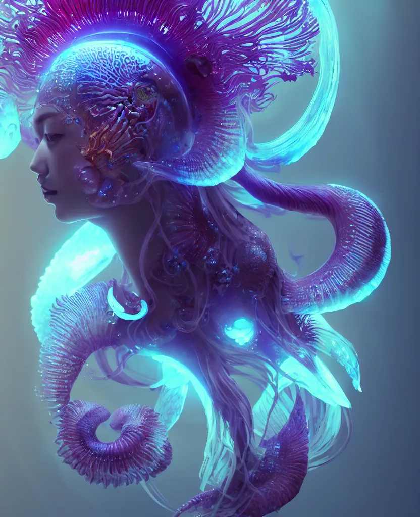 Image similar to goddess close-up portrait. orchid jellyfish phoenix head, nautilus, skull, betta fish, bioluminiscent creatures, intricate artwork by Tooth Wu and wlop and beeple. octane render, trending on artstation, greg rutkowski very coherent symmetrical artwork. cinematic, hyper realism, high detail, octane render, 8k