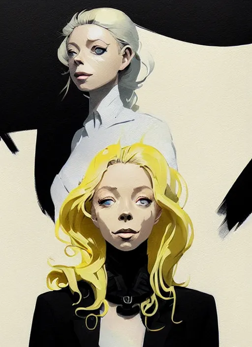 Image similar to highly detailed closeup portrait of beautiful portia doubleday, blonde wavy hair, angela moss, black suit by atey ghailan, by greg rutkowski, by greg tocchini, by james gilleard, by joe fenton, by kaethe butcher, gradient yellow, black and white color scheme, grunge aesthetic!!! ( ( graffiti tag wall background ) )