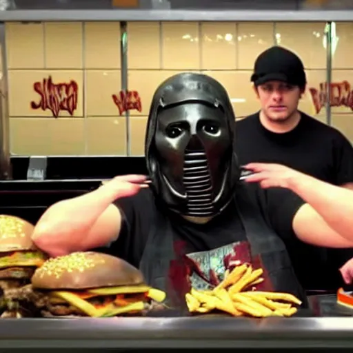 Prompt: a movie screenshot, slipknot band members working in a fast food restaurant, high quality, high detail