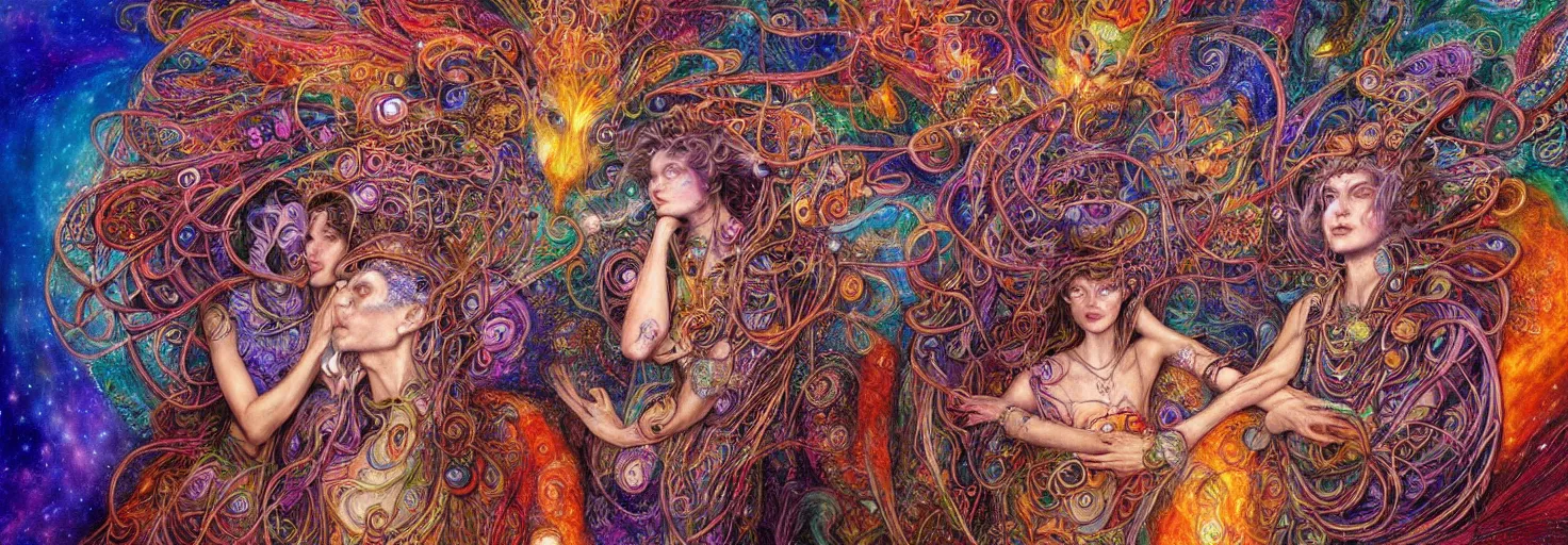 Image similar to two psychedelic shamans intertwined in a cosmic entanglement by Josephine Wall and Daniel Merriam, Artstation