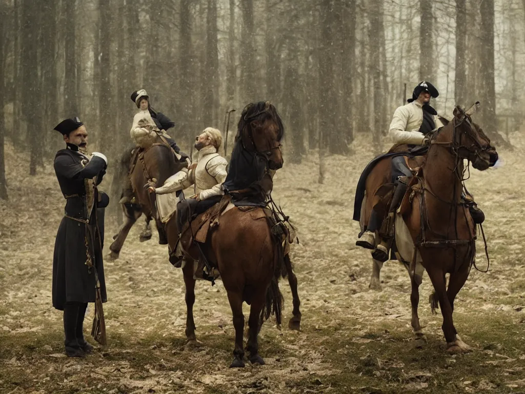 Image similar to stills from Robert Eggers' new film about Napoleon, cinematography by Andrei Tarkovsky, renaissance art style, surreal aura, dreamlike atmosphere, cinematic photography, 35mm, 4:3, highly detailed