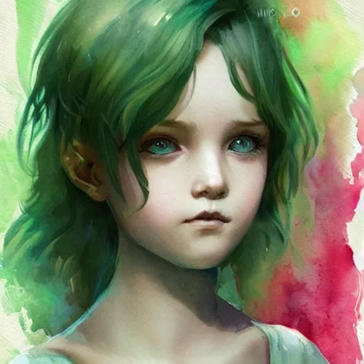 Prompt: child, young boy, green hair, short hair, happy, intricate, ethereal, highly detailed, sharp focus, artstation, watercolor, by charlie bowater and ross tran