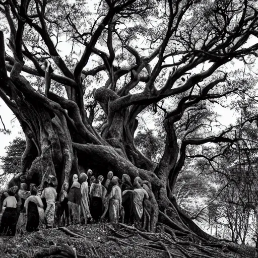 Image similar to a old gnarled tree, bark covered in the suggestion of faces, a group of misfits climb the tree, edge of a eerie forest, cursed grounds, something feels off