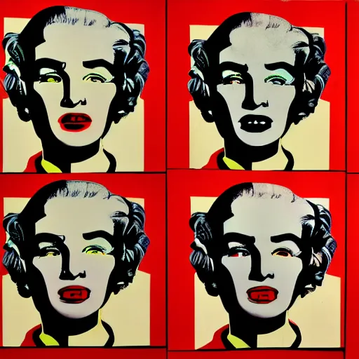 Prompt: old - style cyborg, 6 panels by andy warhol, with highly contrasted colors and an illuminating background