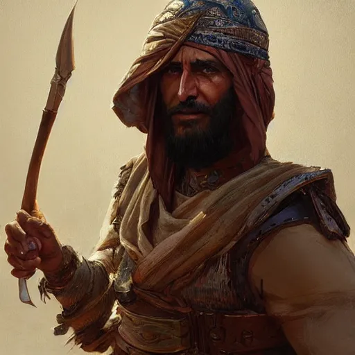 Image similar to an, old, weathered middle eastern warrior, drinking alcohol, D&D, highly detailed, digital painting, artstation, concept art, sharp focus, illustration, cinematic lighting, art by artgerm and greg rutkowski and alphonse mucha