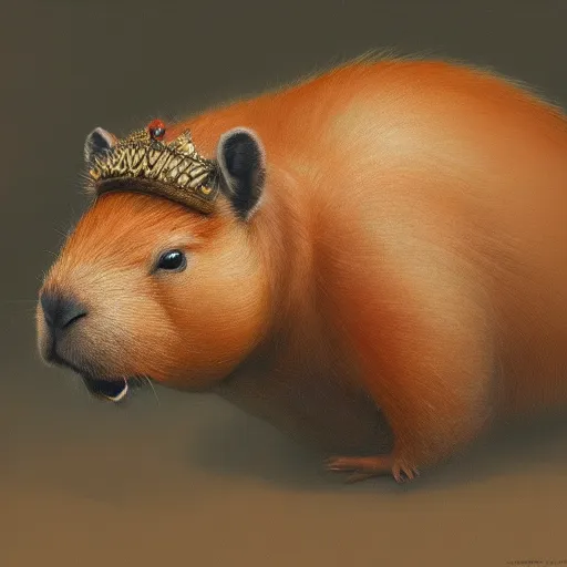 Image similar to detailed photorealistic painting of a capybara wearing a detailed ornamented golden crown sharp focus in the style of ruan jia, Mandy jurgens, cinematic light, concept art, trending on artstation, ultra realistic