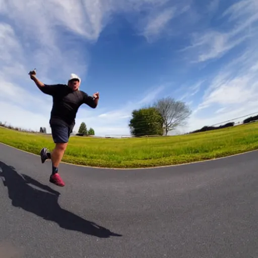 Image similar to large trucker running towards the camera with his arms out, sunny day, fisheye lens