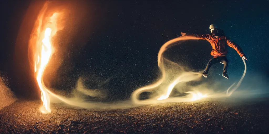 Prompt: fisheye slow motion with trail fire effect of futuristic break dancer wearing long dark cloak and golden helmet emitting fire, long exposure shot , enigmatic, at night in the middle of the arctic with red light A letter, paddle of water, steam, fog, water splashes, rim lights, glossy reflections, water droplets on lens, octane render, Volumetric dynamic lighting, stunning cover magazine, high details,