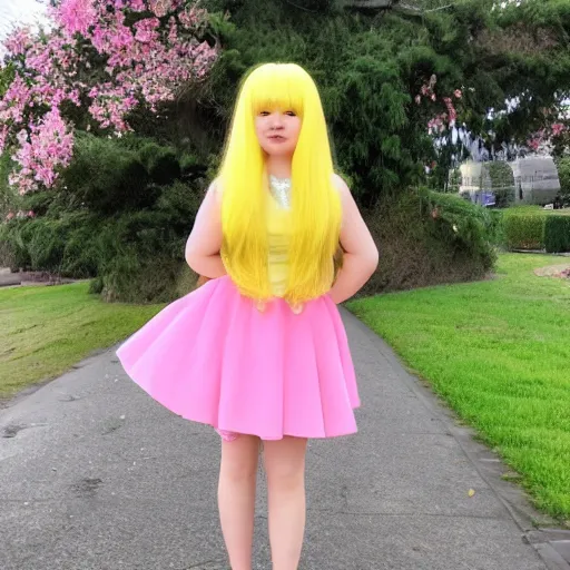 Prompt: girl with yellow hair and pink dress