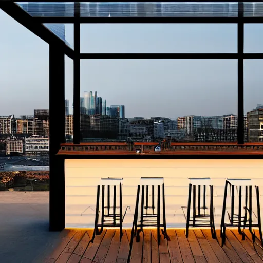 Prompt: rooftop bar overlooking beach in the style of Antoni Guadi, in the style of Mies van der rohe, photograph in style of Julius Shurman, warm light glowing, relaxing, dusk, cinematic lighting, trending on artstation