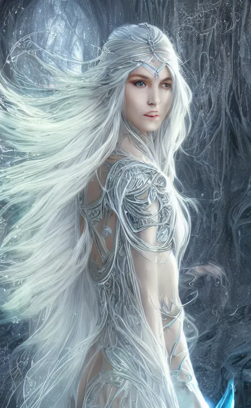 Image similar to an elven woman with long, silver hair cascading down her back. she has delicate, angular features and piercing blue eyes. she's clad in a flowing white dress with intricate silver embroidery, dynamic lighting, photorealistic fantasy concept art, trending on art station, stunning visuals, creative cinematic, ultra detailed