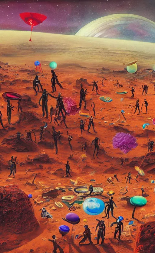 Image similar to a surreal painting of a flamboyant party on the surface of mars