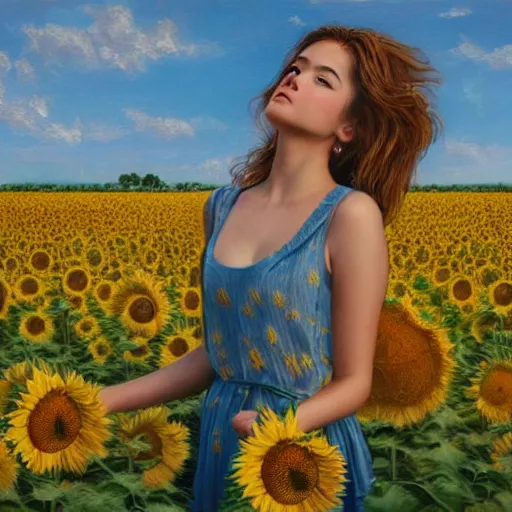 Prompt: a girl in amazing tall sunflower field, her hair flowing down, subtle, intricate details, real masterpiece, surreal, oil on canvas, by somsak anong