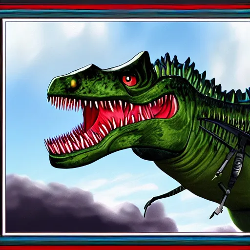 Image similar to a detailed digital art painting of a trex dinosaur fighter jet chimera sharp teeth