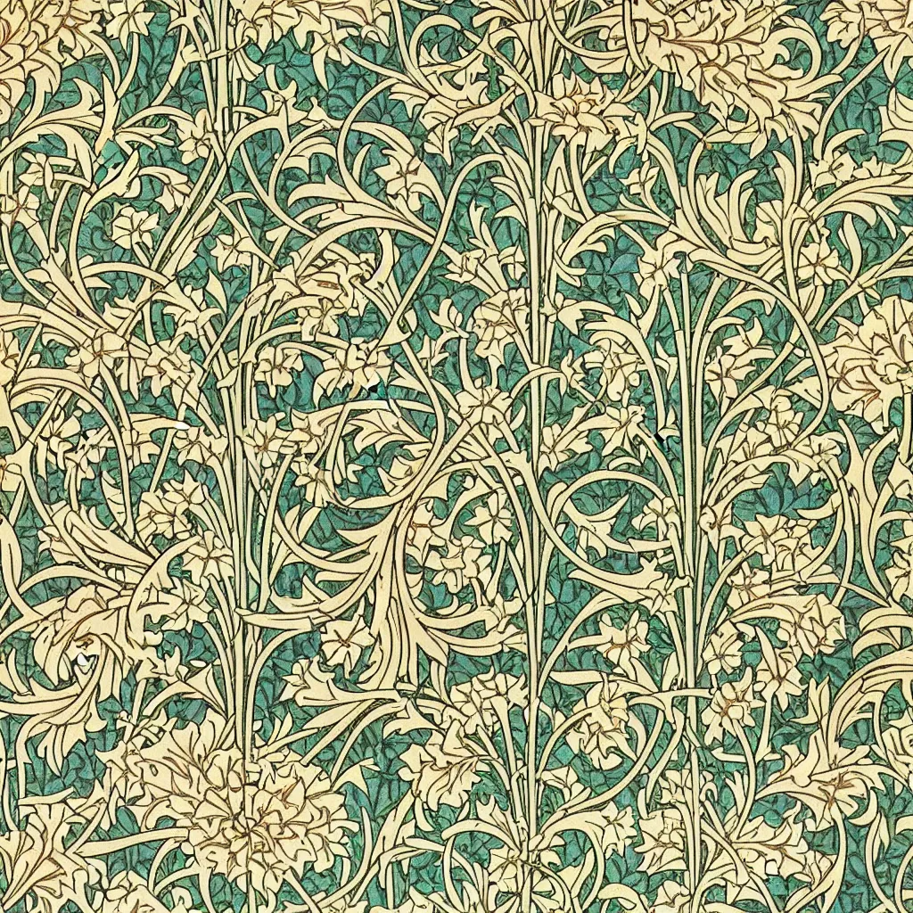 Prompt: a perfectly repeating floral Art Nouveau pattern by William Morris