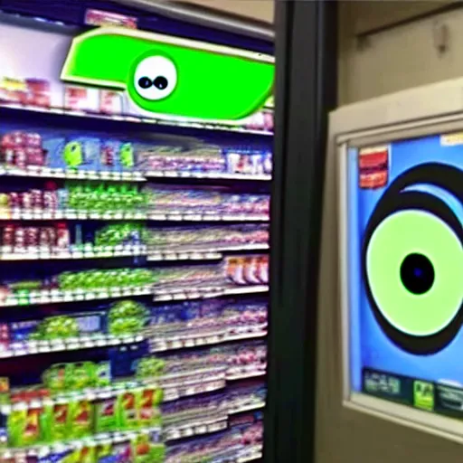 Prompt: cctv cam footage of Mike Wazowski on convenience store