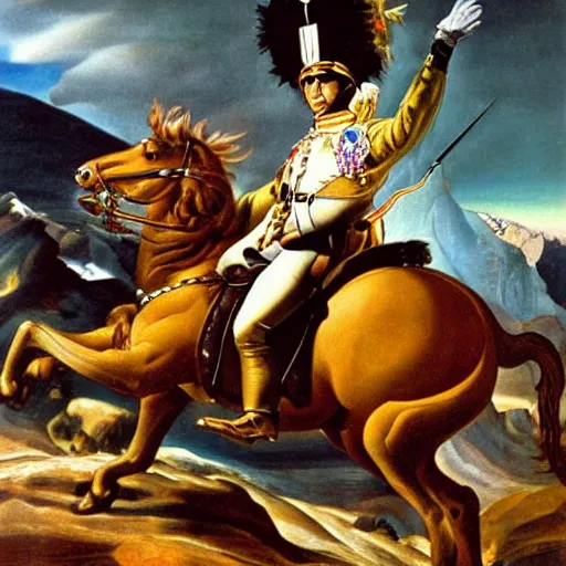 Image similar to Napoleon Crossing the Alps on a Harley Davidson , Salvador Dali style , oil painting