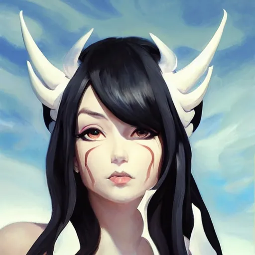 Prompt: greg manchess portrait painting of albedo from nazarick with dark long hair and white horns and wings as overwatch character, medium shot, asymmetrical, profile picture, organic painting, sunny day, matte painting, bold shapes, hard edges, street art, trending on artstation, by huang guangjian and gil elvgren and sachin teng