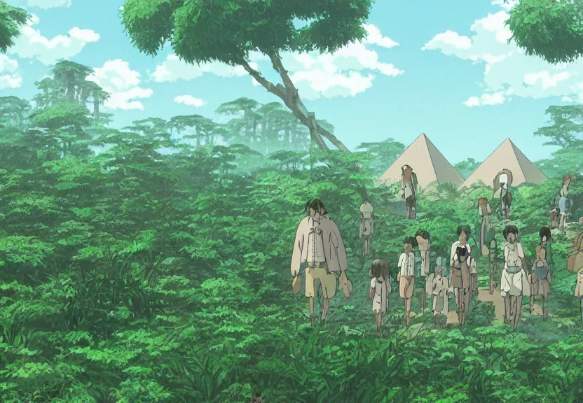 Prompt: a movie still from a studio ghibli film showing several large white pyramids in a swampy jungle. by studio ghibli