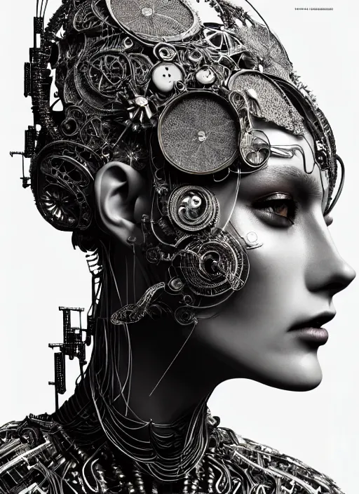 Prompt: portrait of an absurdly beautiful, graceful, sophisticated, fashionable cyberpunk mechanoid, hyperdetailed illustration by irakli nadar and vania zouravliov, matt wisniewski style, intricate linework, white porcelain skin, metal tribal headdress, day - glow face paint, unreal engine 5 highly rendered, global illumination, radiant light, detailed and intricate environment