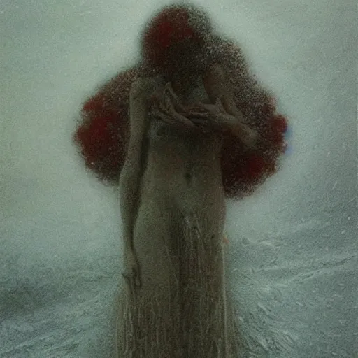 Image similar to a surrealist painting of a lonely woman with white skin and red hair standing over pile of bodies in post apocalyptic snowy landscape, painted by beksinski