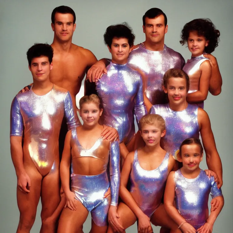 Image similar to a 1990's sears portrait, an incredibly muscular family wearing shiny reflective iridescent latex bodysuits