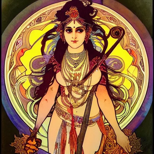 Prompt: hindu goddess of firespinning, by alphonse mucha, burning man, fire poi, fire staff, tesseract, intricate