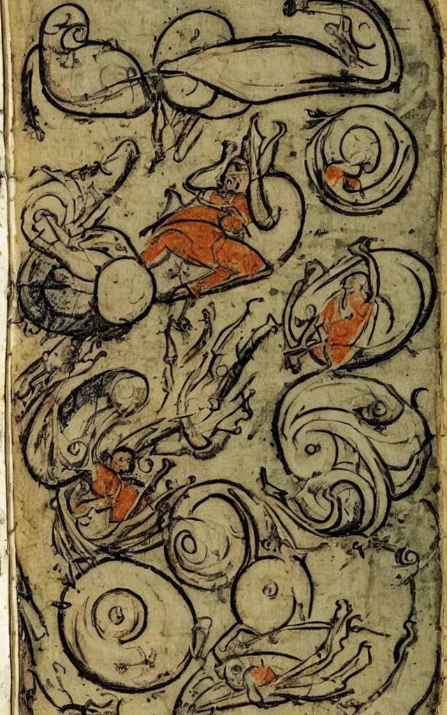 Image similar to snails biting and chasing a poor monk frail manuscript medieval marginalia, masterpiece