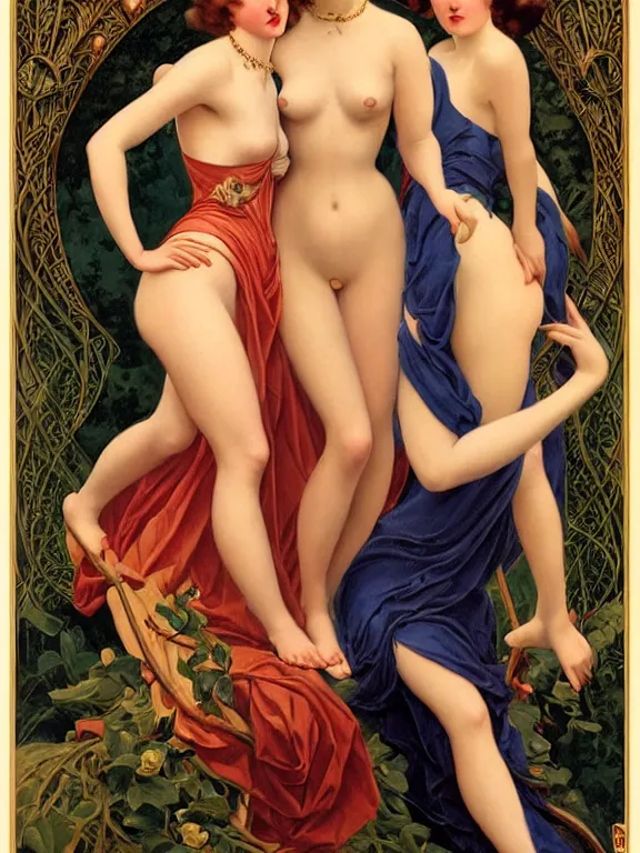 Prompt: Kiernan shipka as the three graces, a beautiful art nouveau portrait by Gil Elvgren and Gerald Brom, Moonlit forest environment bonfire, centered composition, defined features, golden ratio, golden jewelry