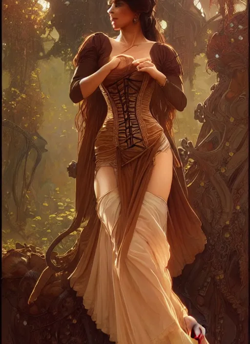 Image similar to cute brown woman wearing a translucent corset dress, fantasy, intricate, highly detailed, digital painting, artstation, concept art, wallpaper, smooth, sharp focus, illustration, art by artgerm and greg rutkowski and alphonse mucha