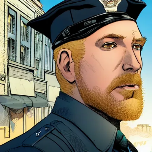 Prompt: portrait of a blonde pale police officer with short hair and a patchy beard, close up, grimy streets backdrop, detailed, art by russell dauterman and ryan ottley and patrick gleason and stefano caselli and marco checchetto esad ribic