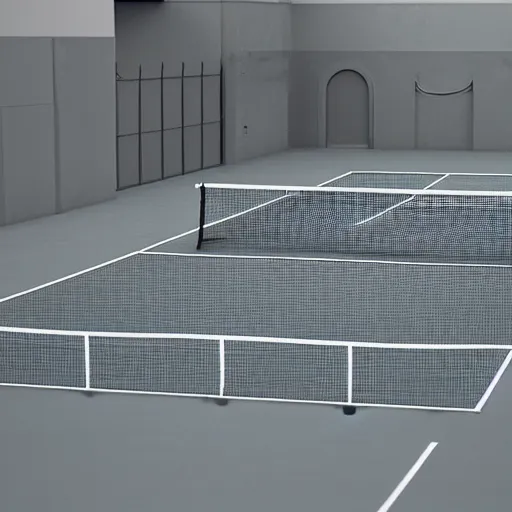 Image similar to liminal space tennis court, dreamcore, empty, blank space, place from your dreams, raw cgi render, blender, surrealism