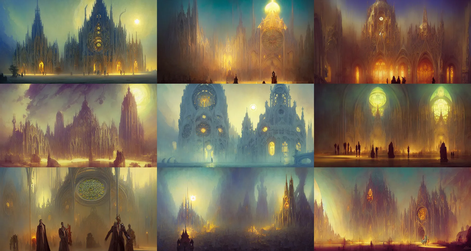 Prompt: cathedral of sun, art nouveau architecture, fantasy, art by joseph leyendecker, peter mohrbacher, ivan aivazovsky, ruan jia, reza afshar, marc simonetti