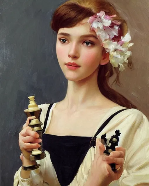 Image similar to a girl playing chess, beautiful face, oil on canvas, artstation, by j. c. leyendecker and edmund blair leighton and charlie bowater, beautiful face, octane, very aesthetic!!!!!!!!!!!!!!! stunning gorgeous big eyes