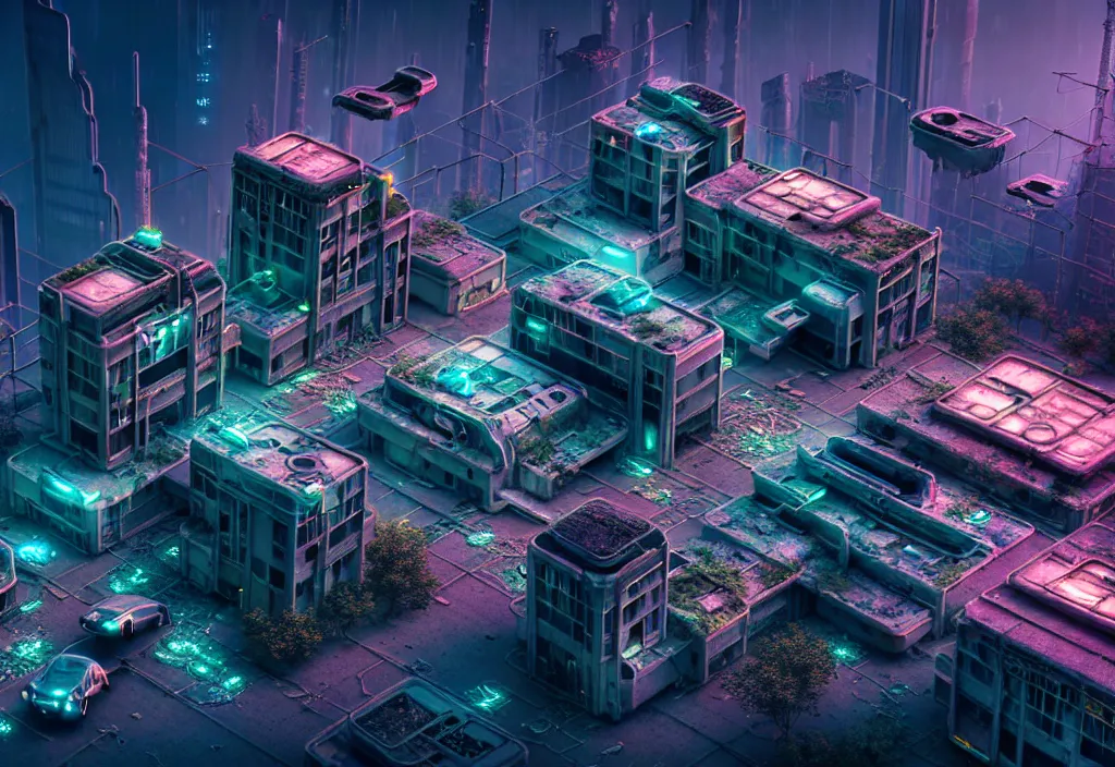 Prompt: A highly detailed crisp unreal engine render of aerial drone photo of A beautiful futuristic cyberpunk abandoned dystopia city building with neon fine lights, plants allover , godray, sunlight breaking through clouds, clouds, debris on the ground, abandoned machines bright colors, isometric, nitid horizon, factory by wangchen-cg, 王琛,Neil blevins, artstation, Gediminas Pranckevicius